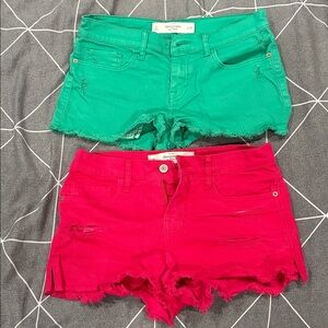 Abercrombie Green and Pink Distressed Denim Shorts